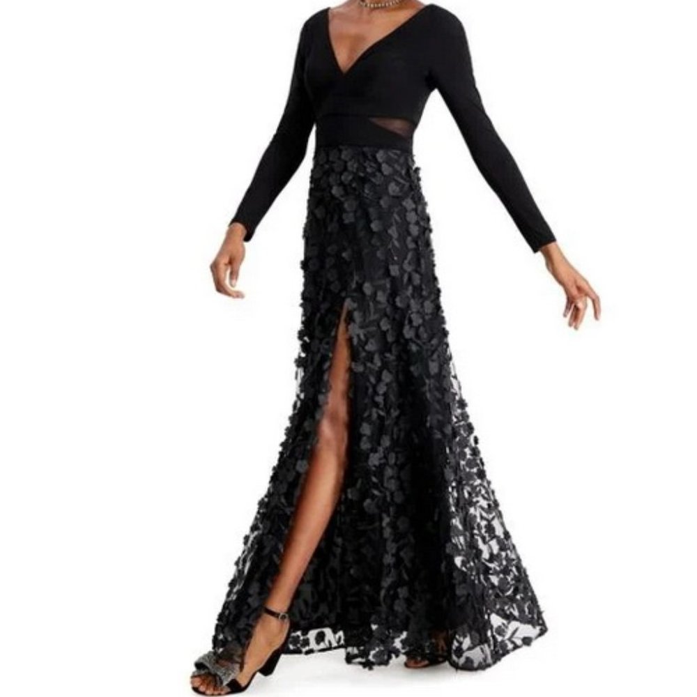 Xscape Black Mesh Cutout Flower Long Sleeve Gown